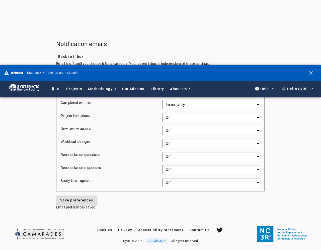 Saved notification email preferences